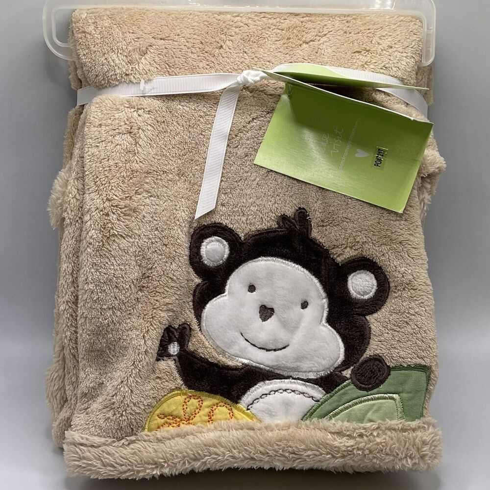 Sandra Magsamen Soft Baby Blanket Brown Khaki Monkey 30”x40” NEW